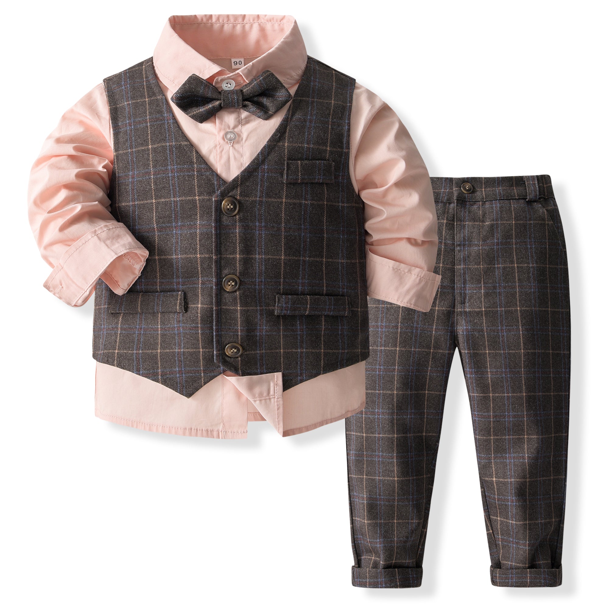 Boys Checked 3-Piece Single-Breasted Cotton Suits