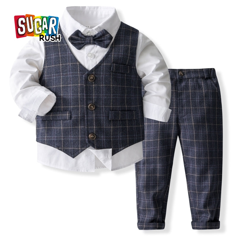 Boys Checked Pure Cotton Single-Breasted Three Piece Suit