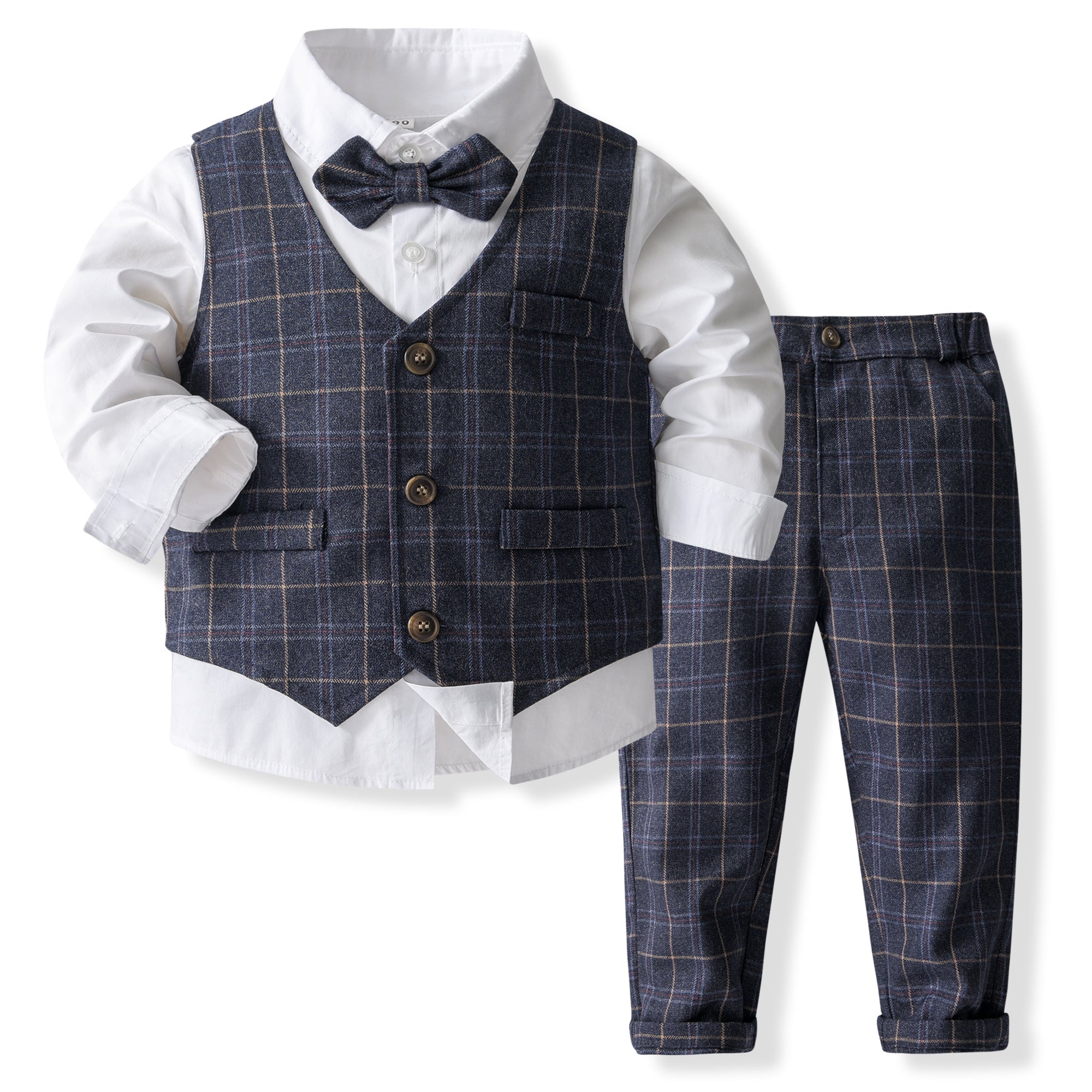 Boys Checked Pure Cotton Single-Breasted Three Piece Suit