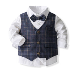 Boys Checked Pure Cotton Single-Breasted Three Piece Suit