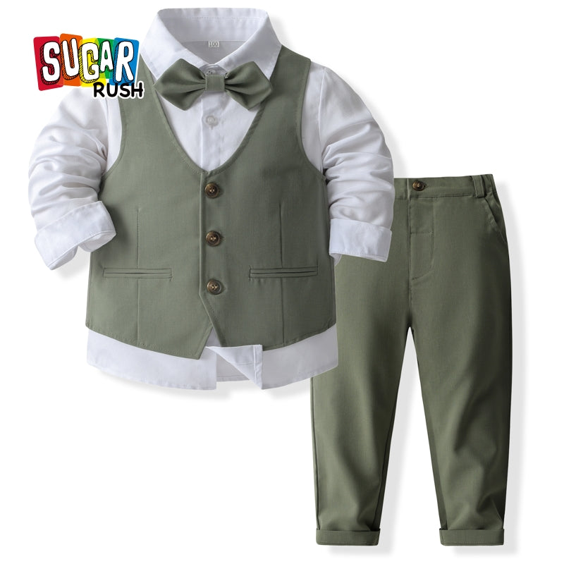 Boys Green & White Shirt Collar Pure Cotton Shirt with Trousers