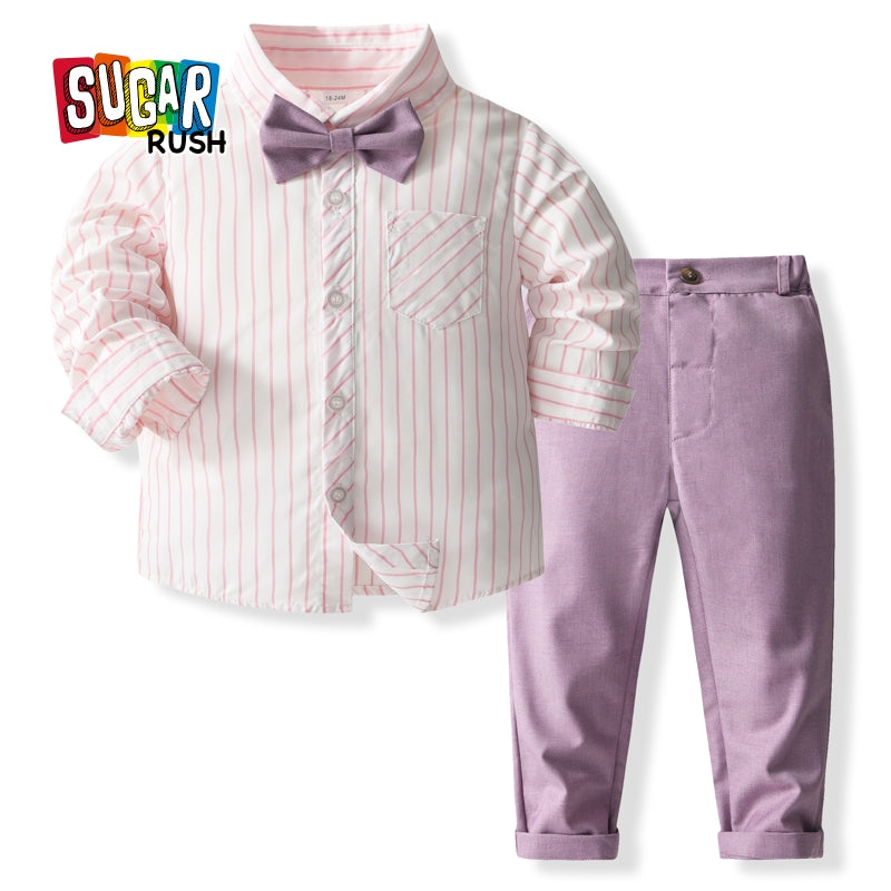 Boys Purple & White Striped Pure Cotton Shirt with Trousers