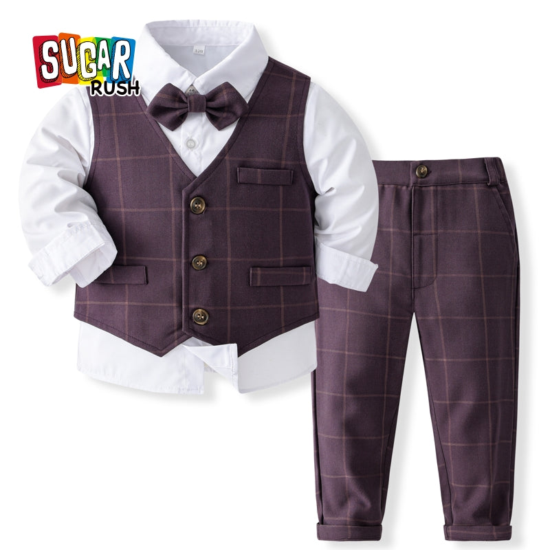 Boys Checked Pure Cotton Three Piece Suit