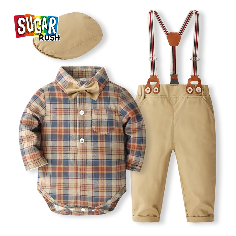 Boys Khaki & Blue Shirt Collar Checked Shirt with Trousers
