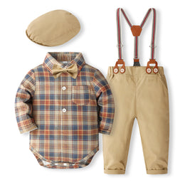 Boys Khaki & Blue Shirt Collar Checked Shirt with Trousers