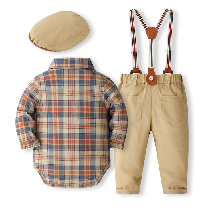 Boys Khaki & Blue Shirt Collar Checked Shirt with Trousers