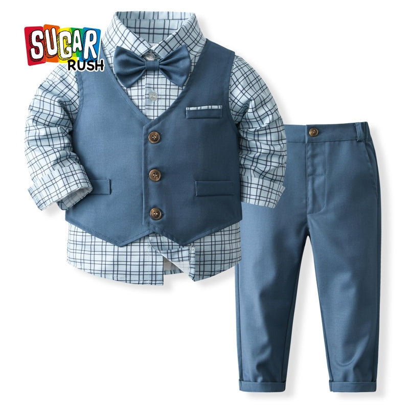 Boys Checked Pure Cotton Shirt With Trouser & Waistcoat