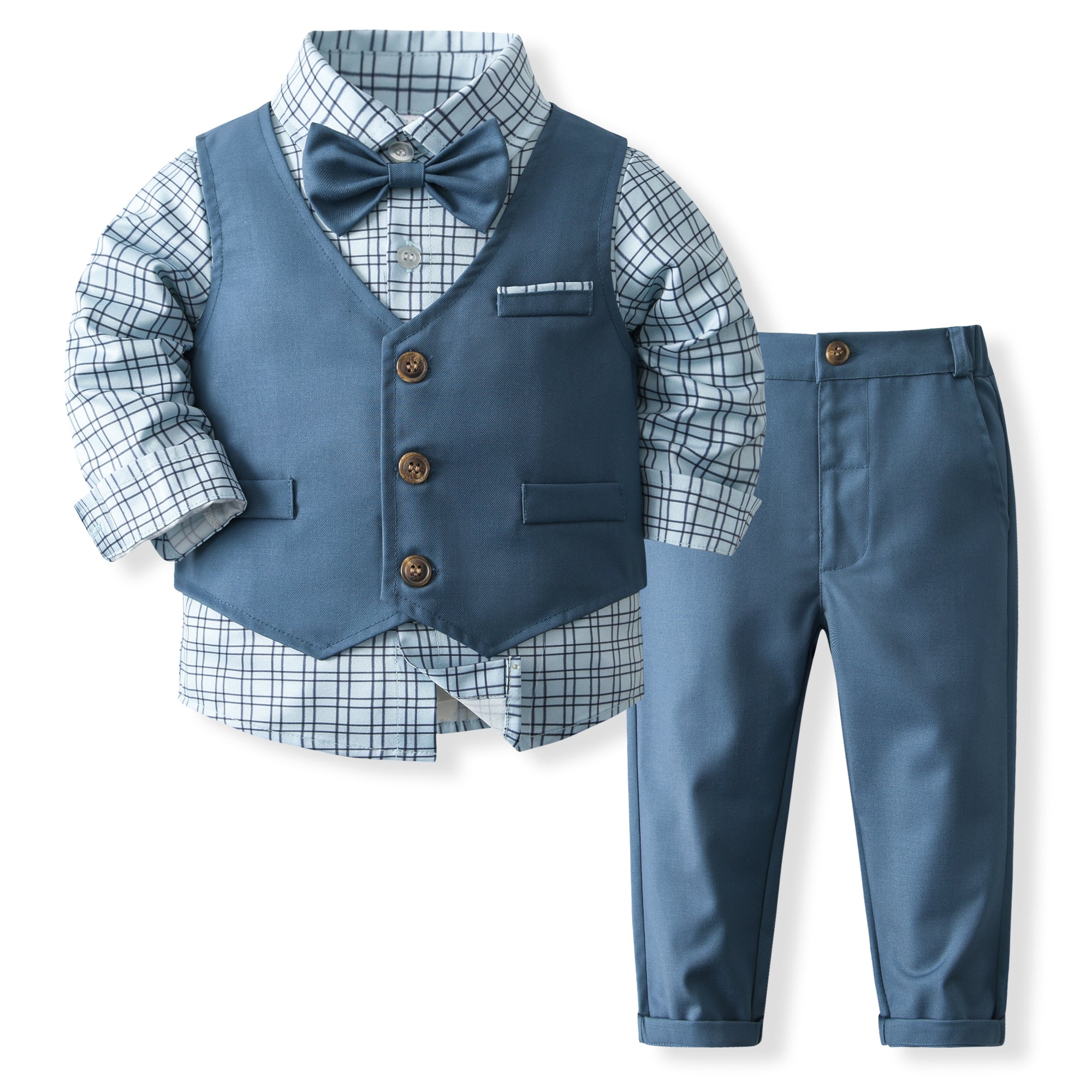 Boys Checked Pure Cotton Shirt With Trouser & Waistcoat