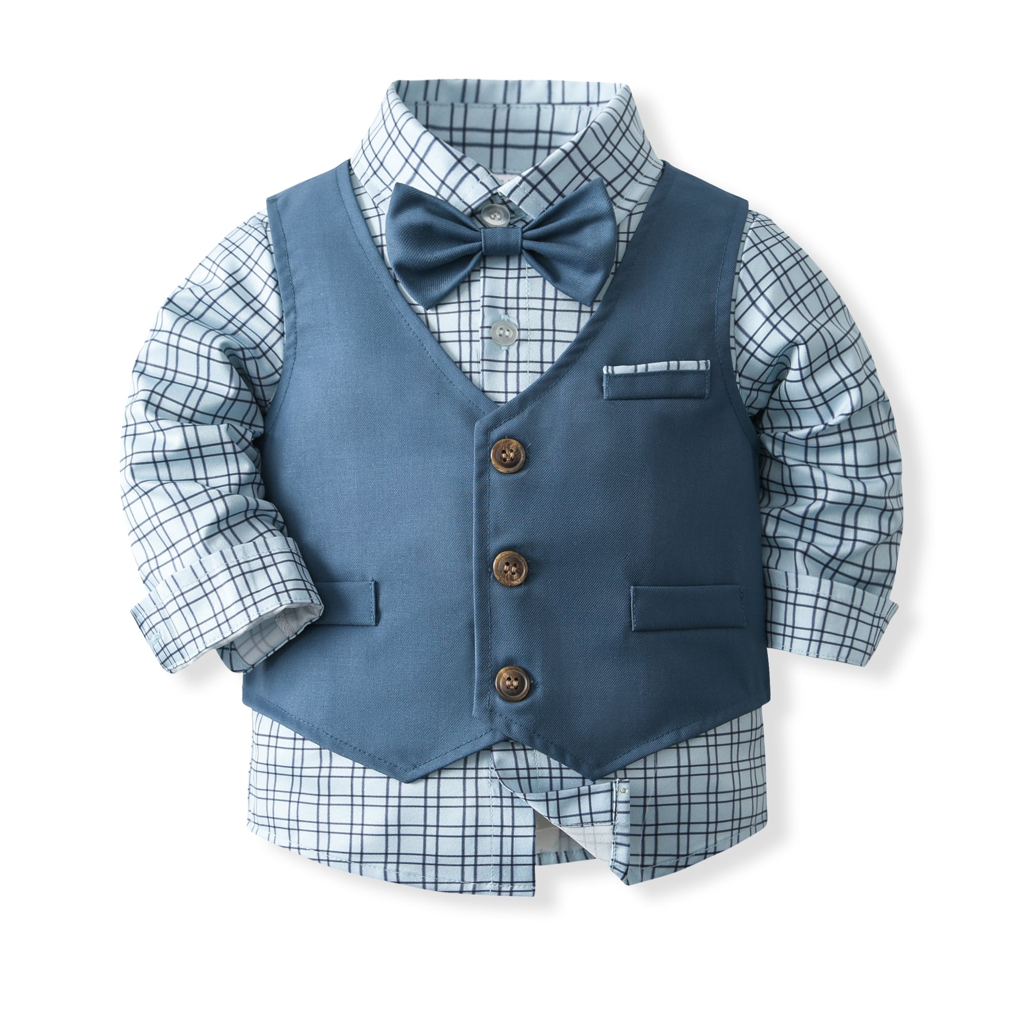 Boys Checked Pure Cotton Shirt With Trouser & Waistcoat