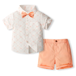 Boys Orange & White Shirt Collar Printed Shirt with Shorts