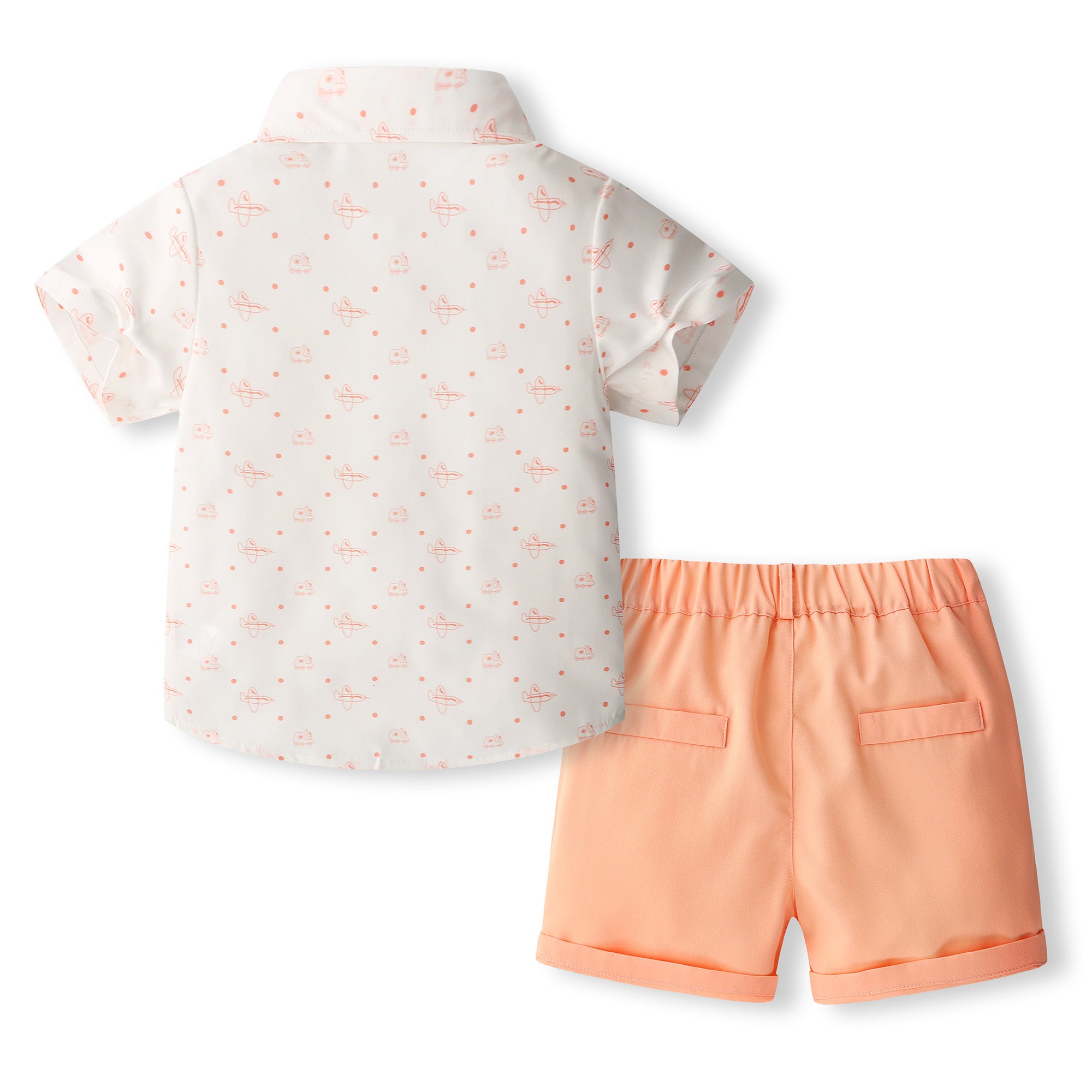 Boys Orange & White Shirt Collar Printed Shirt with Shorts