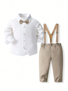Boys Pure Cotton Shirt With Trouser & Suspenders