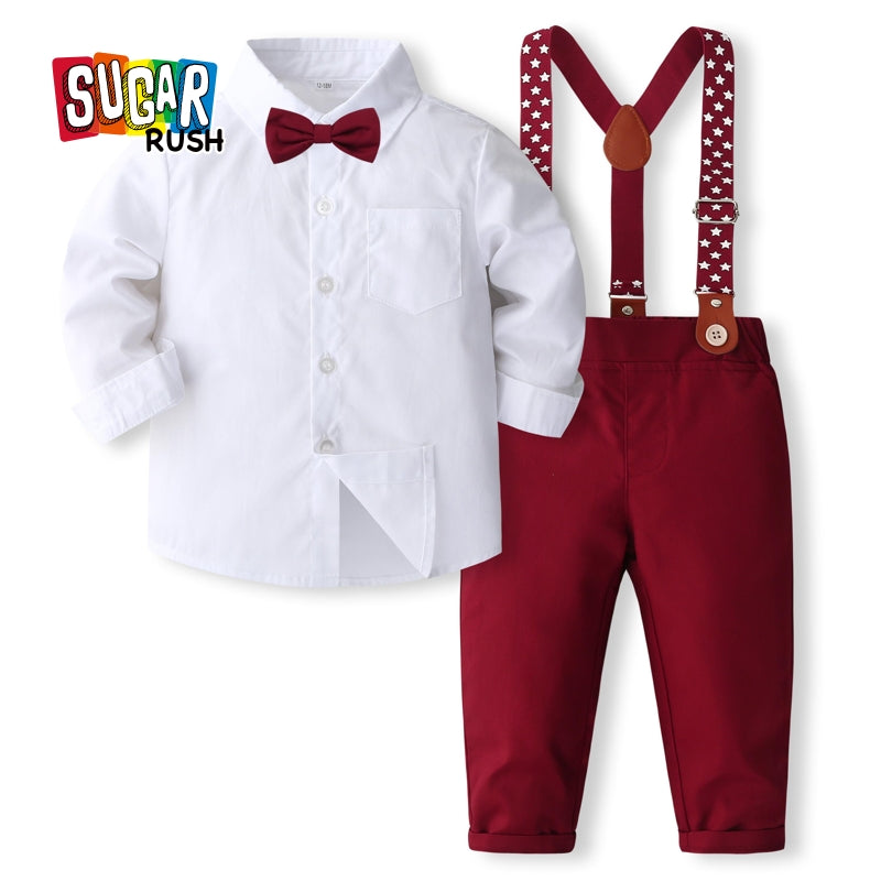 Boys Pure Cotton Shirt With Trouser & Suspenders