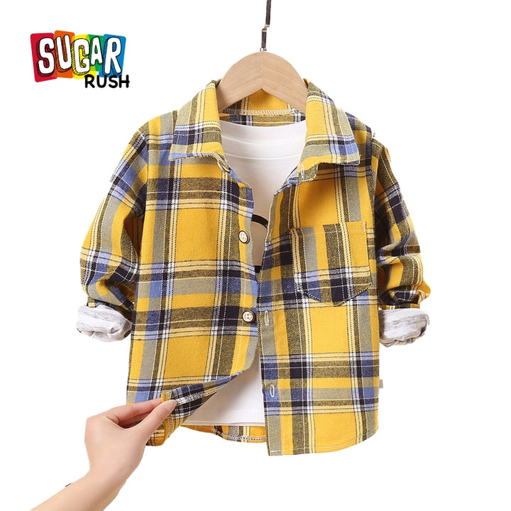 Boys Long Sleeves Spread Collar Cotton Opaque Checked Casual Shirt