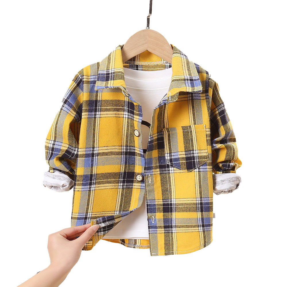 Boys Long Sleeves Spread Collar Cotton Opaque Checked Casual Shirt