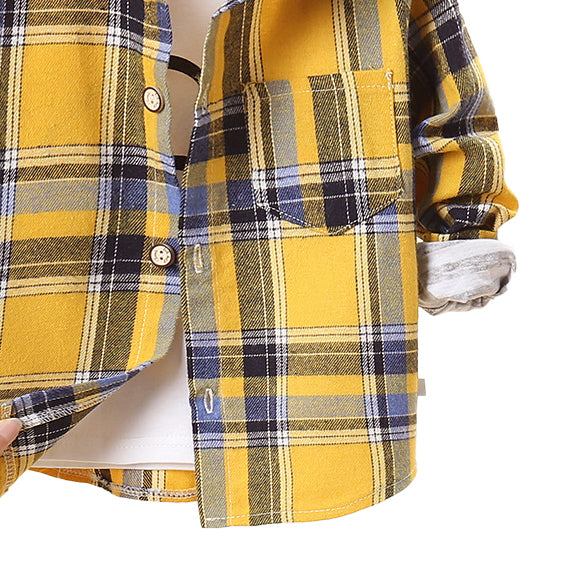 Boys Long Sleeves Spread Collar Cotton Opaque Checked Casual Shirt