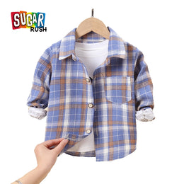Boys Long Sleeves Spread Collar Cotton Opaque Checked Casual Shirt