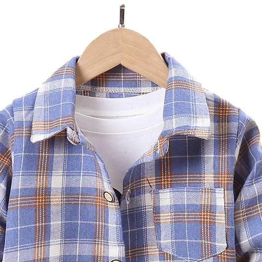 Boys Long Sleeves Spread Collar Cotton Opaque Checked Casual Shirt