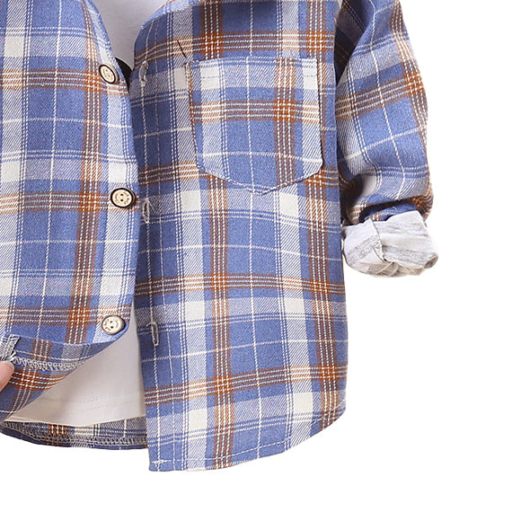Boys Long Sleeves Spread Collar Cotton Opaque Checked Casual Shirt