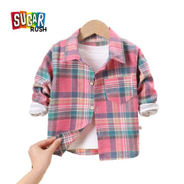 Boys Long Sleeves Spread Collar Cotton Opaque Checked Casual Shirt