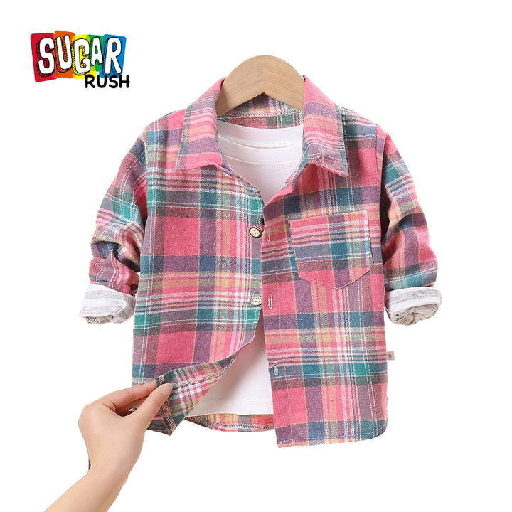 Boys Long Sleeves Spread Collar Cotton Opaque Checked Casual Shirt
