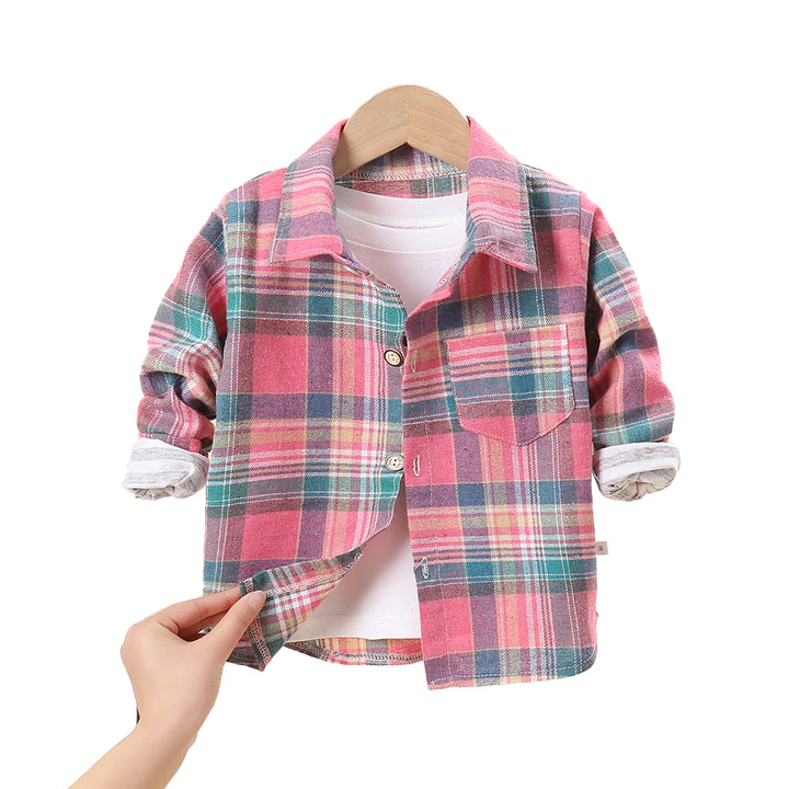 Boys Long Sleeves Spread Collar Cotton Opaque Checked Casual Shirt