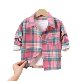 Boys Long Sleeves Spread Collar Cotton Opaque Checked Casual Shirt