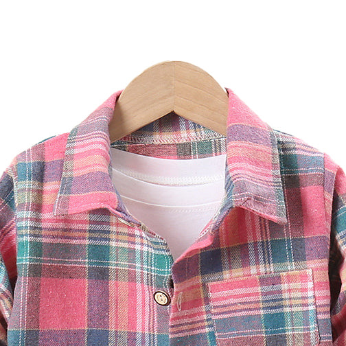 Boys Long Sleeves Spread Collar Cotton Opaque Checked Casual Shirt