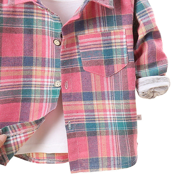 Boys Long Sleeves Spread Collar Cotton Opaque Checked Casual Shirt