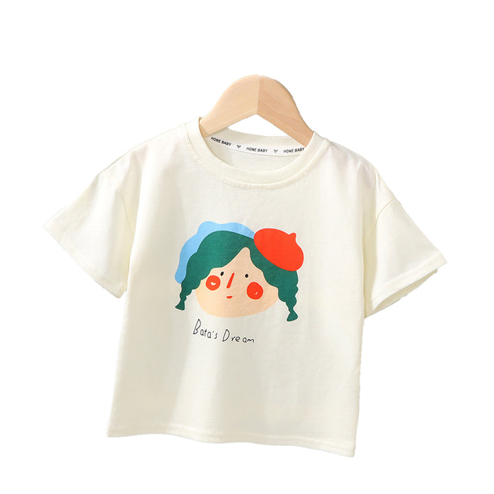 Girls Printed Round Neck Short Sleeves Cotton T-shirt