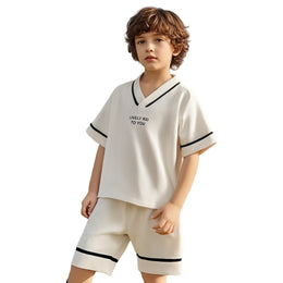 Boys Typography Printed V-Neck T-shirt With Shorts