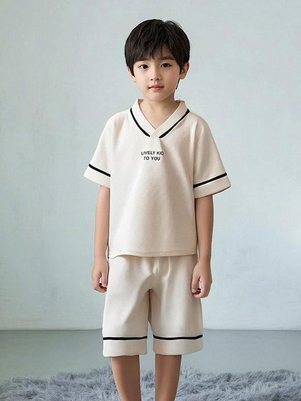 Boys Typography Printed V-Neck T-shirt With Shorts