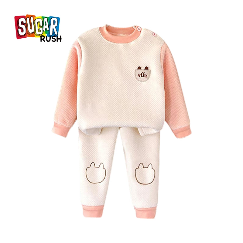 Girls Self Design Round Neck Long Sleeves T-Shirt With Jogger