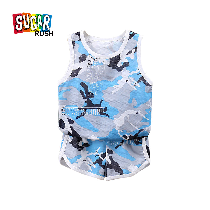Boys Blue Abstract Printed Round Neck T-Shirt with Shorts