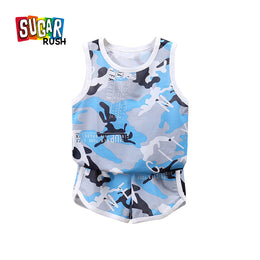 Boys Blue Abstract Printed Round Neck T-Shirt with Shorts