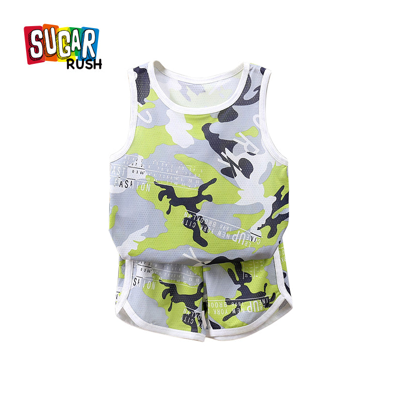 Boys Green Printed Top with Shorts