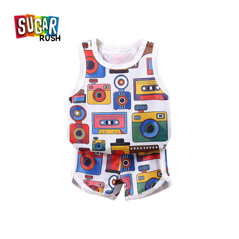 Boys White Conversational Printed Top With Shorts