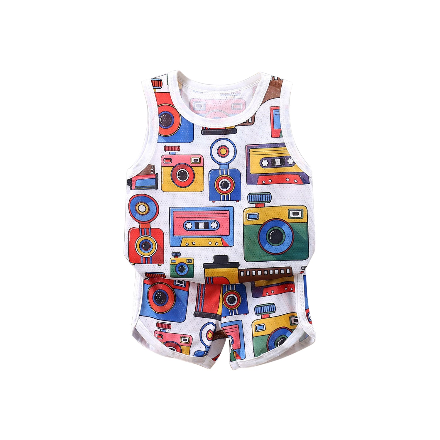 Boys White Conversational Printed Top With Shorts