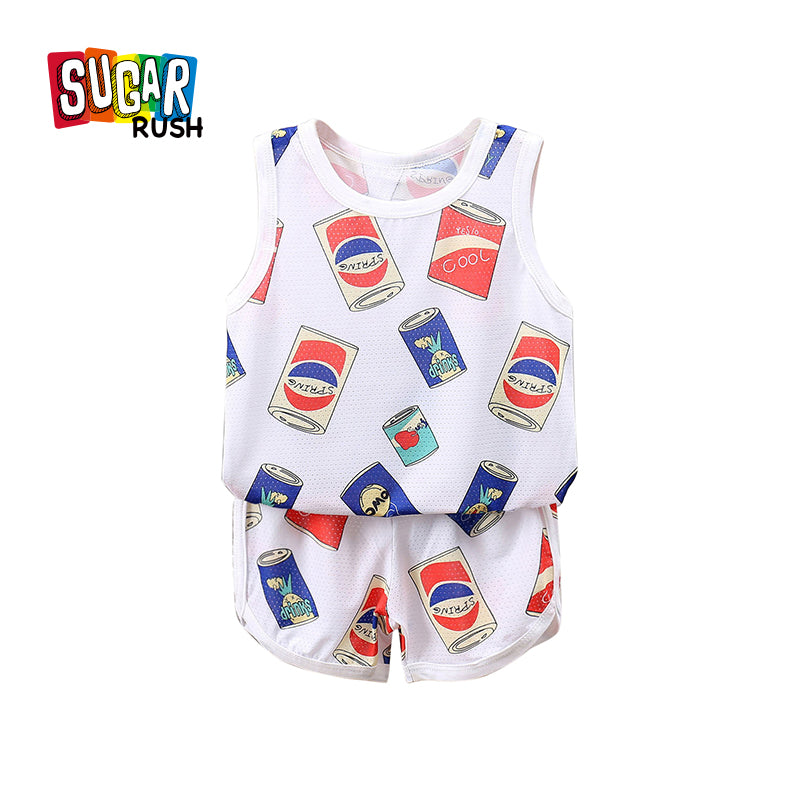 Boys White Conversational Printed T-shirt with Shorts