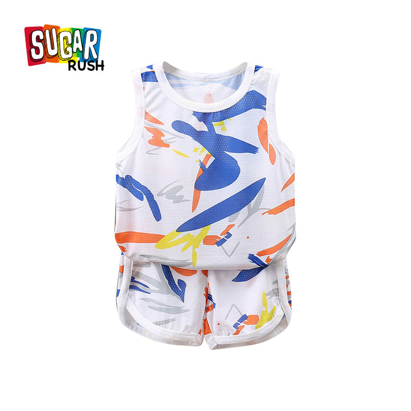 Boys White Printed Sleeveless T-shirt With Short