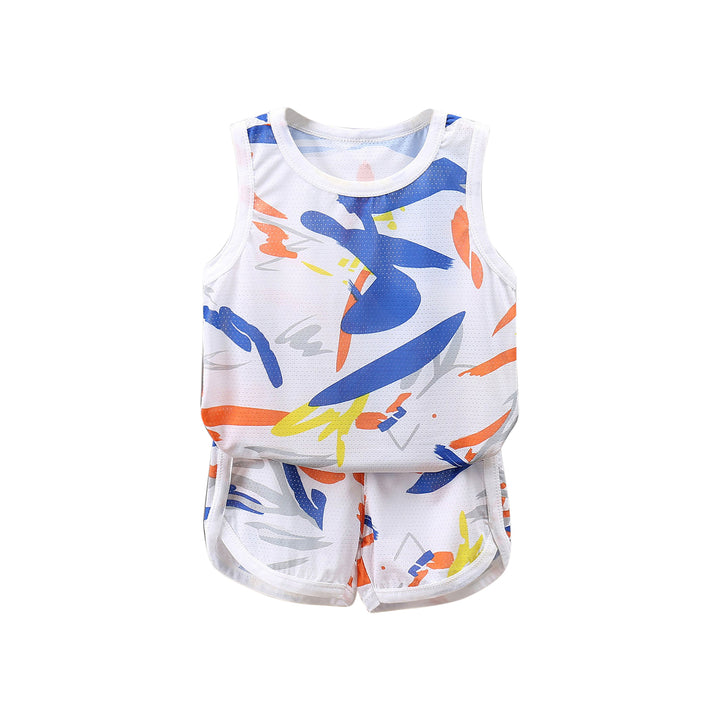 Boys White Printed Sleeveless T-shirt With Short
