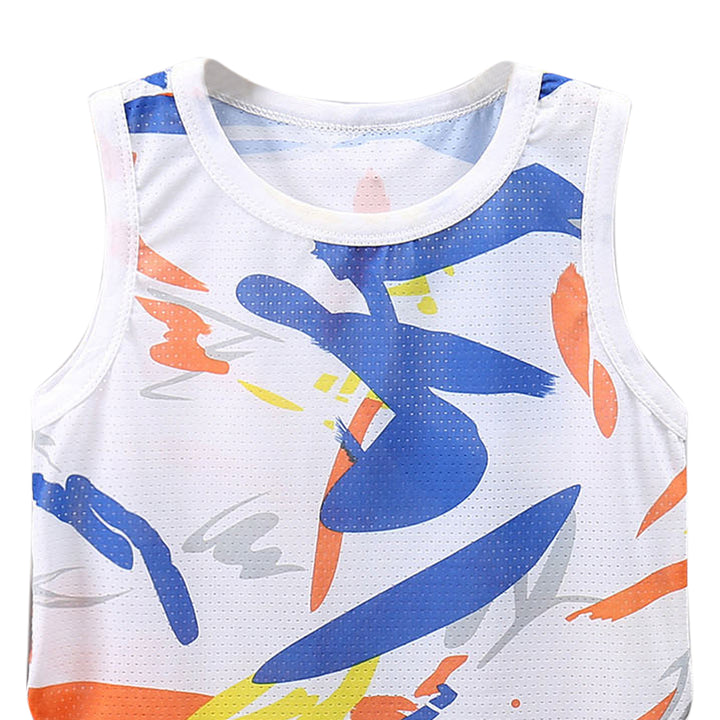 Boys White Printed Sleeveless T-shirt With Short