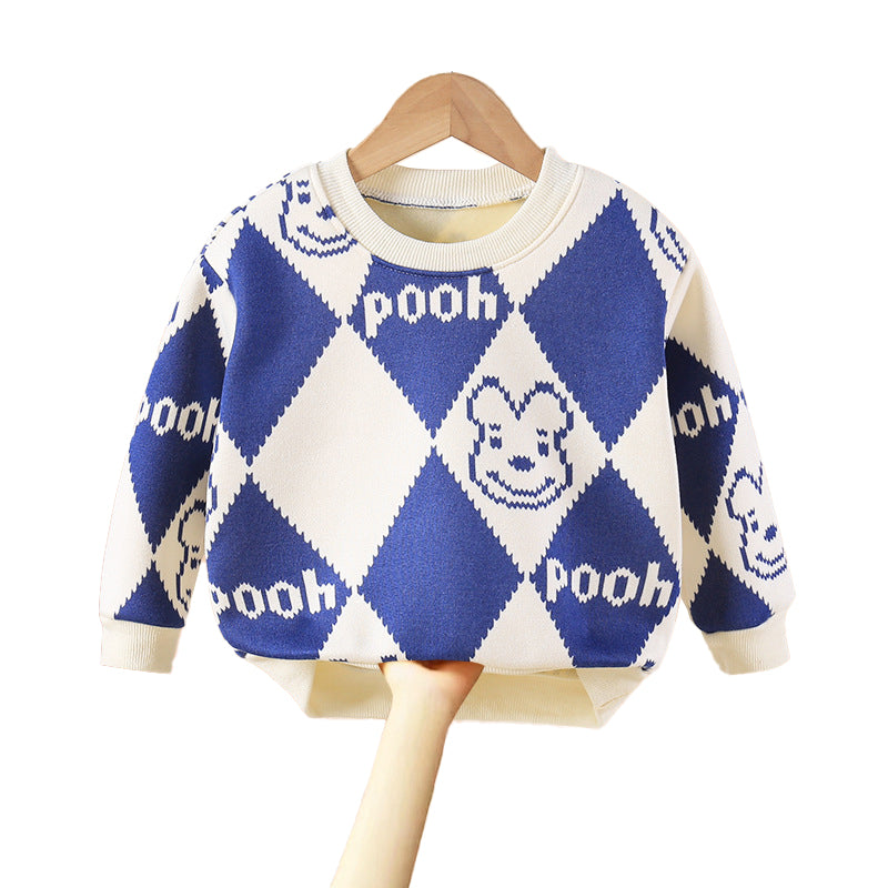 Boys Blue & White Geometric Printed Cotton Pullover Sweaters