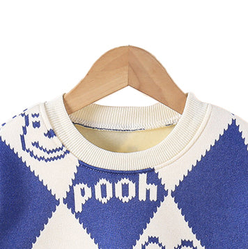 Boys Blue & White Geometric Printed Cotton Pullover Sweaters