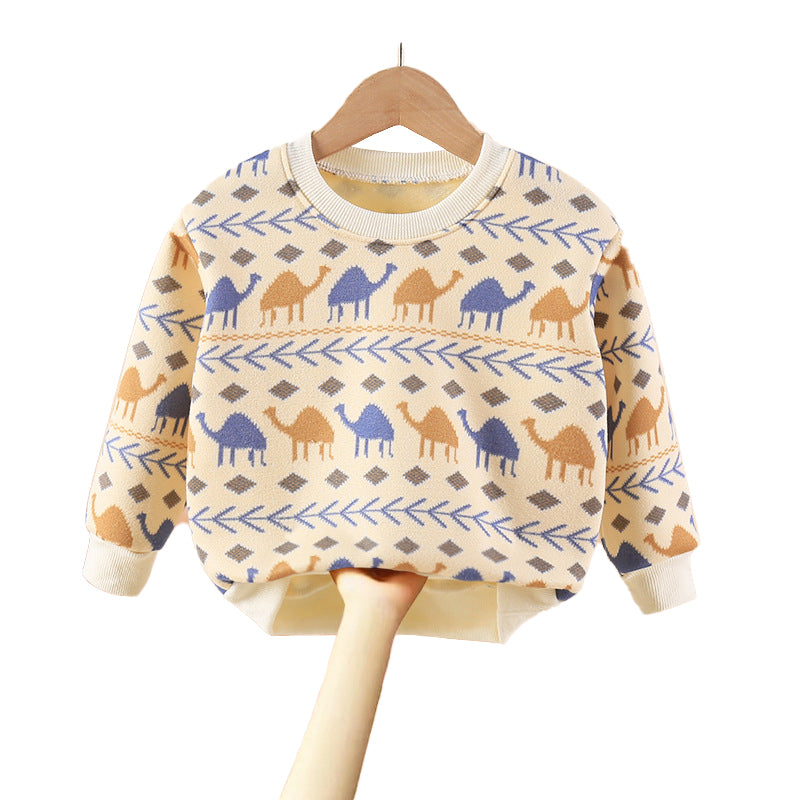 Girls Beige & Blue Graphic Printed Cotton Pullover Sweaters