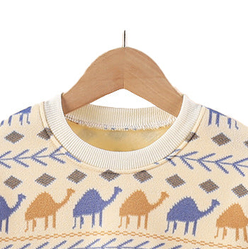 Girls Beige & Blue Graphic Printed Cotton Pullover Sweaters