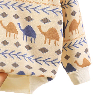 Girls Beige & Blue Graphic Printed Cotton Pullover Sweaters