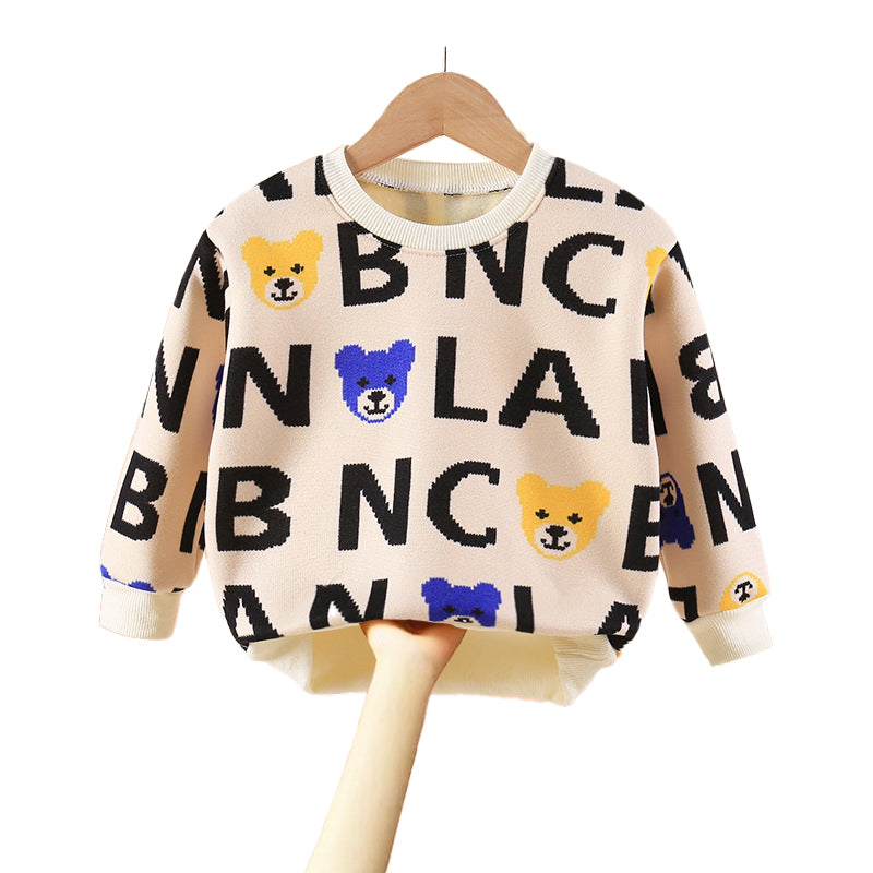 Boys Beige & Black Typography Printed Cotton Pullover Sweaters