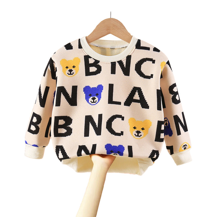 Boys Beige & Black Typography Printed Cotton Pullover Sweaters