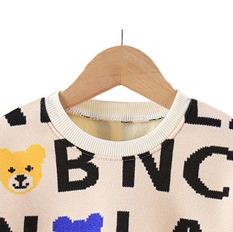 Boys Beige & Black Typography Printed Cotton Pullover Sweaters